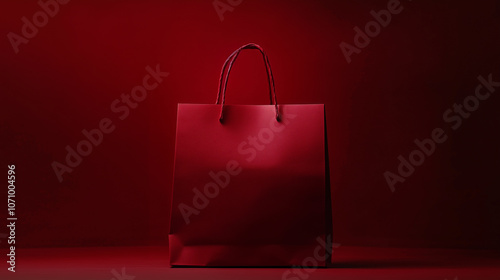 Red shopping bag displayed against a red backdrop, symbolizing retail, consumerism, and sales photo