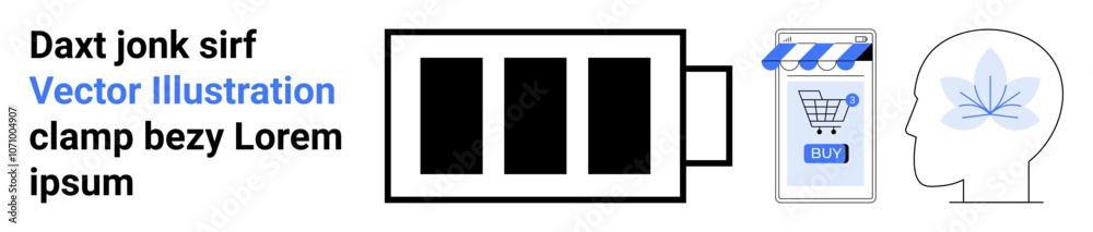 Battery charge status, mobile phone with shopping cart icon, human head silhouette with leaf brain. Ideal for technology, e-commerce, medical, psychology, environmental, educational, landing page Battery charge status, mobile phone with shopping cart icon, human head silhouette with leaf brain. Ideal for technology, e-commerce, medical, psychology, environmental, educational, landing page
