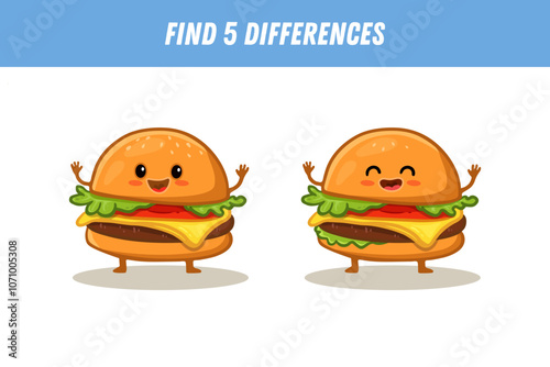 Find 5 differences between two pictures of burger with arms and legs. Fast food character. Educational logical game for children. Vector
