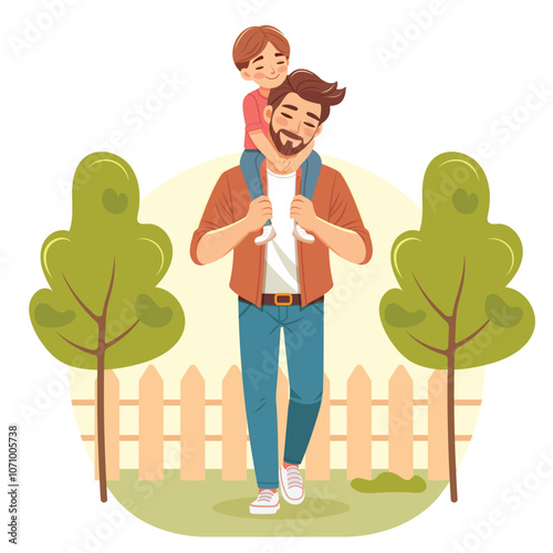 Happy father day. Smiling son sits on dad's shoulders and hugs him on nature background. Poster, Banner, Flyer, Greeting Card. Vector illustration in flat cartoon style