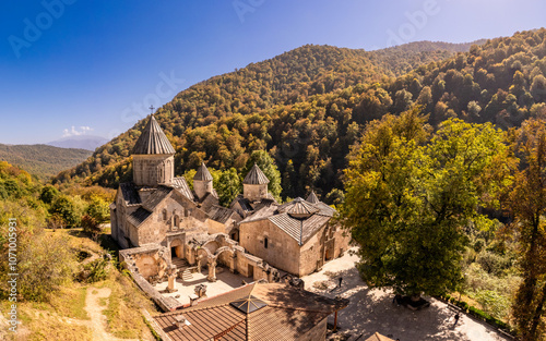 Aerial view of Medieval Haghartsin monastery complex 11th century on sunny summer day. Ancient church popular touristic destinations. Armenian attractions near Dilijan. Tavush Province, Armenia Europe