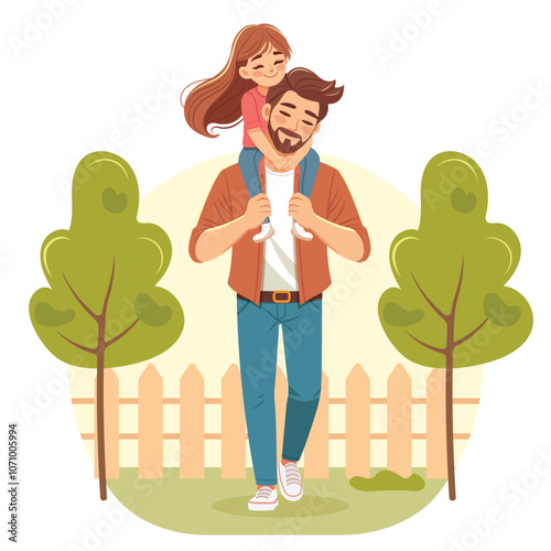 Happy father day. Smiling daughter is sitting on the father's shoulders on nature background. Poster, Banner, Flyer, Greeting Card. Vector illustration in flat cartoon style
