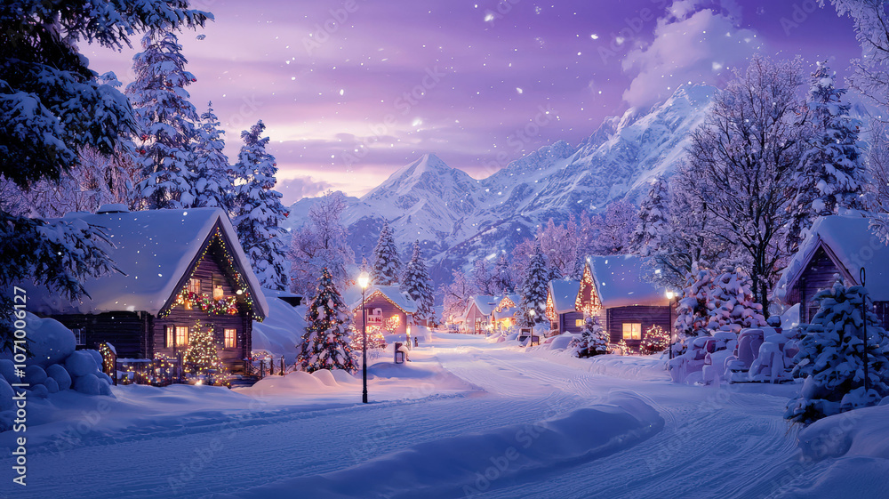 Fototapeta premium Snowy village at dusk, cozy houses with glowing lights, festive decorations, and snow-capped mountains in the background, with gentle snowfall under a purple sky.