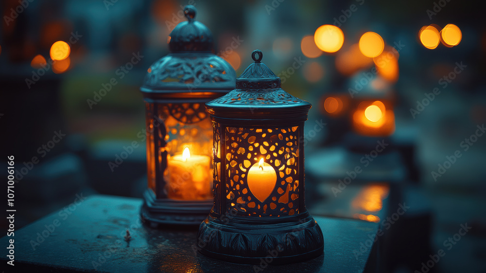 Blurred Background of Cemetery Lanterns with Candles Blurred Background of Cemetery Lanterns with Candles