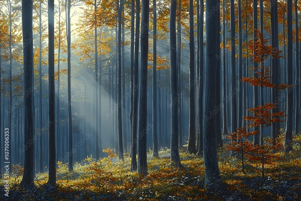 Fototapeta premium A serene forest scene featuring tall trees with vibrant autumn foliage, bathed in soft sunlight filtering through the branches, creating a tranquil atmosphere.