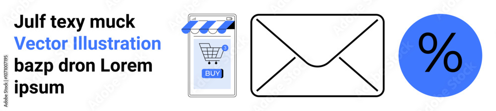 Shopping cart under a store awning, an envelope, and a percentage symbol. Ideal for e-commerce, email marketing, online sales, newsletters, discounts, digital advertisements, brand promotion. Landing Shopping cart under a store awning, an envelope, and a percentage symbol. Ideal for e-commerce, email marketing, online sales, newsletters, discounts, digital advertisements, brand promotion. Landing