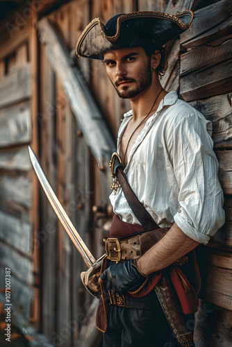 A handsome pirate stands outside a wooden building, holding a sword and wearing a white shirt with black pants, Generative AI photo