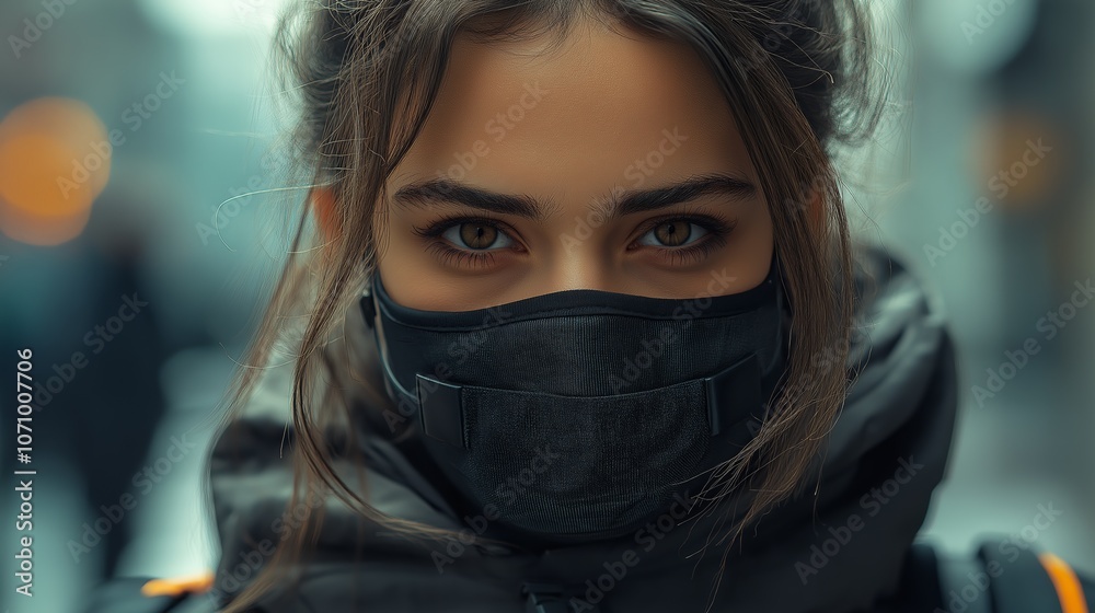 Woman in a mask staring intensely on cold urban street. Woman in a mask staring intensely on cold urban street.