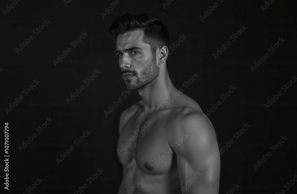handsome athletic man on a black background, black and white photo handsome athletic man on a black background, black and white photo