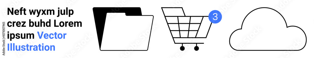 Black folder, shopping cart with notification badge, and cloud icon emphasize document management, e-commerce, and cloud storage. Ideal for online shopping, file organization, cloud services, website Black folder, shopping cart with notification badge, and cloud icon emphasize document management, e-commerce, and cloud storage. Ideal for online shopping, file organization, cloud services, website