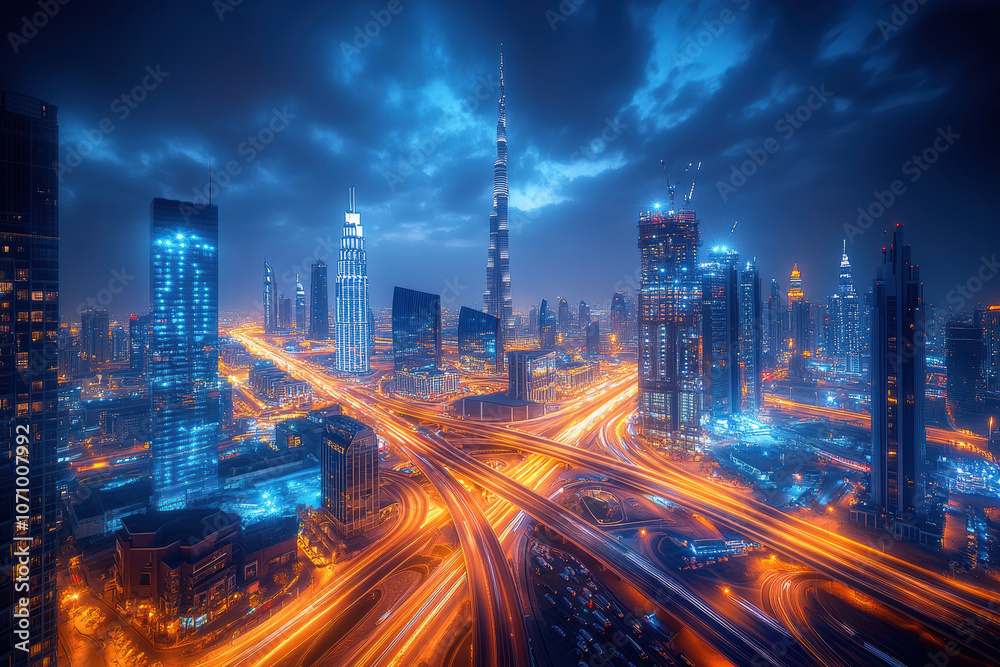 Fototapeta premium Tall buildings and light trails in the dark sky