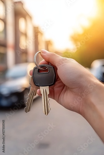 Hand holding car keys on blurred background of a building and car, new car purchase concept photo