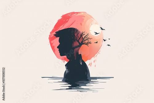 Silhouette of a young man with a tree design, against a vibrant sunset, conveying introspection and connection to nature.
