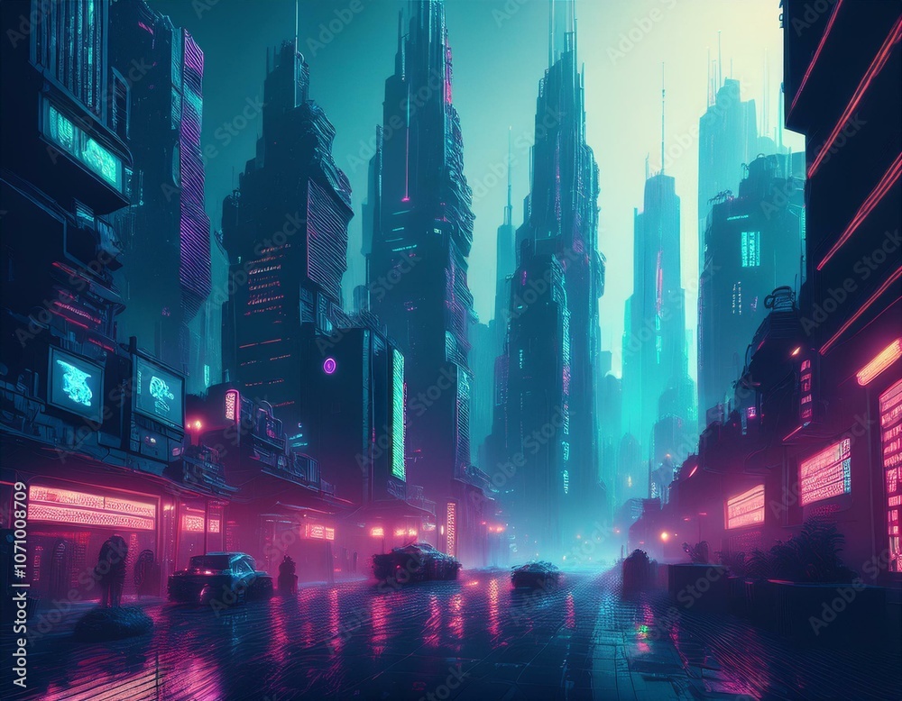 Obraz premium Cyberpunk Metropolis – A dark, foggy city with tall towers surrounded by glowing billboards and holographic displays