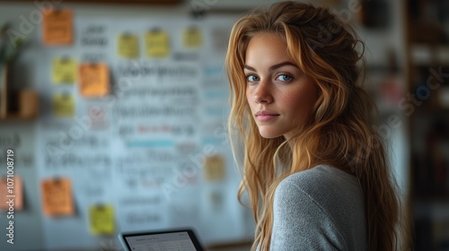 Woman with blonde hair in an office setting, holding a tablet, surrounded by colorful notes on a board.