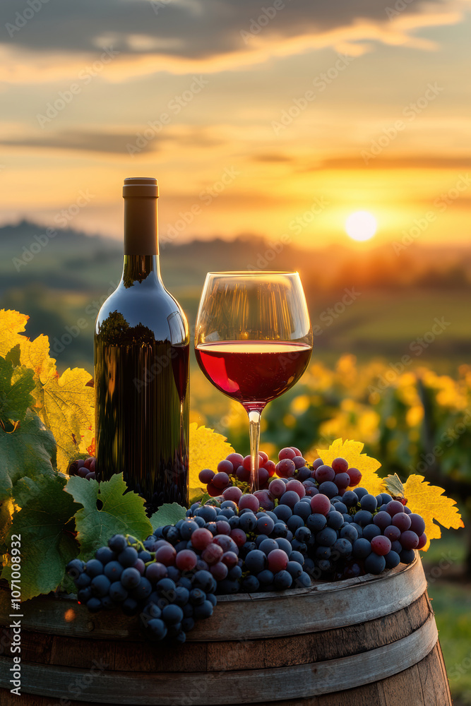 Fototapeta premium Sunset view with wine bottle and glasses