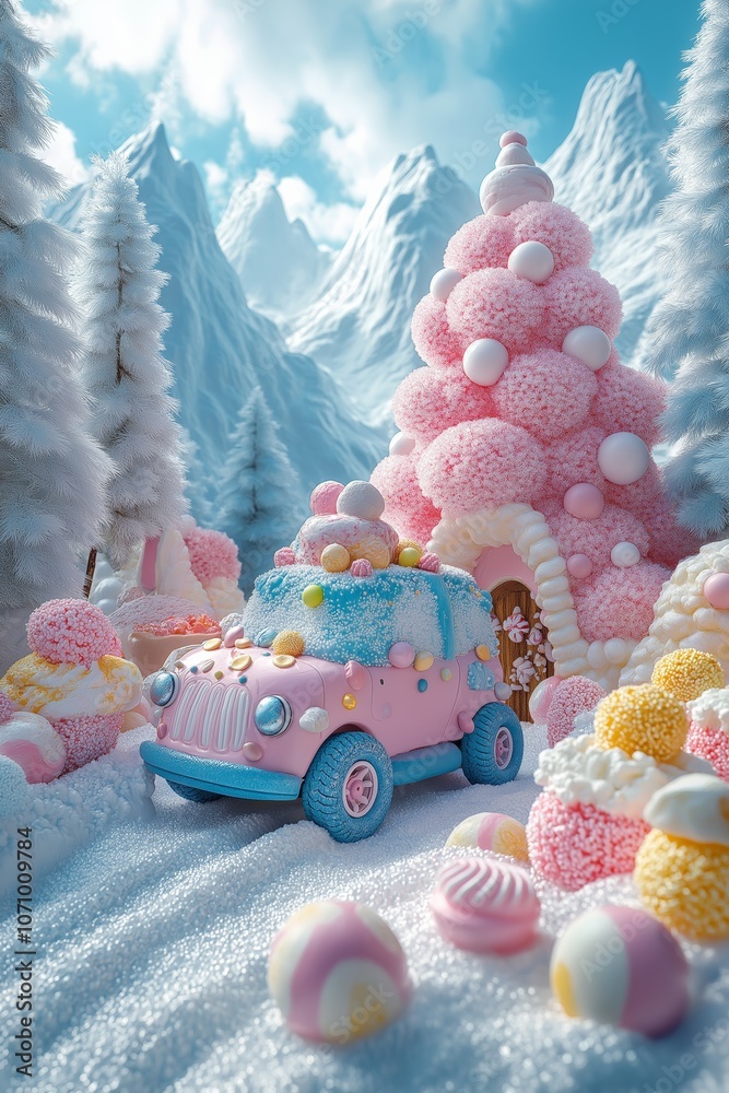 Fototapeta premium A whimsical candy car in a snowy, magical wonderland of pink and blue delights.