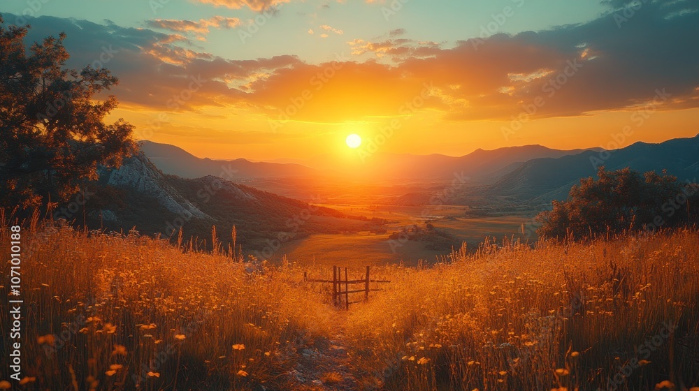 A scenic view of a field with a wooden gate in the foreground and a dramatic sunset over the mountains in the background.
