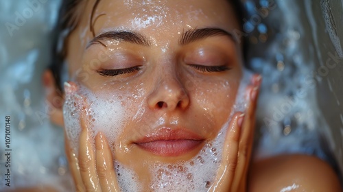 Woman enjoying a refreshing face wash, lathered in foam and bubbles, promoting skincare and relaxation.