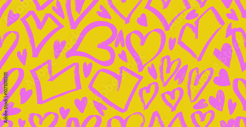 Seamless pattern hearts on bright yellow background. Seamless pattern for Valentine's day wrapping paper. Template for holidays, gift box, poster. Girly background with crayon drawn geometric hearts.