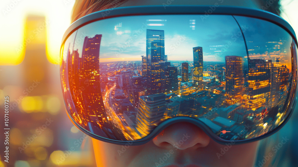 The city seen through VR glasses, transforming and changing before our eyes, showcasing a futuristic and immersive experience The city seen through VR glasses, transforming and changing before our eyes, showcasing a futuristic and immersive experience