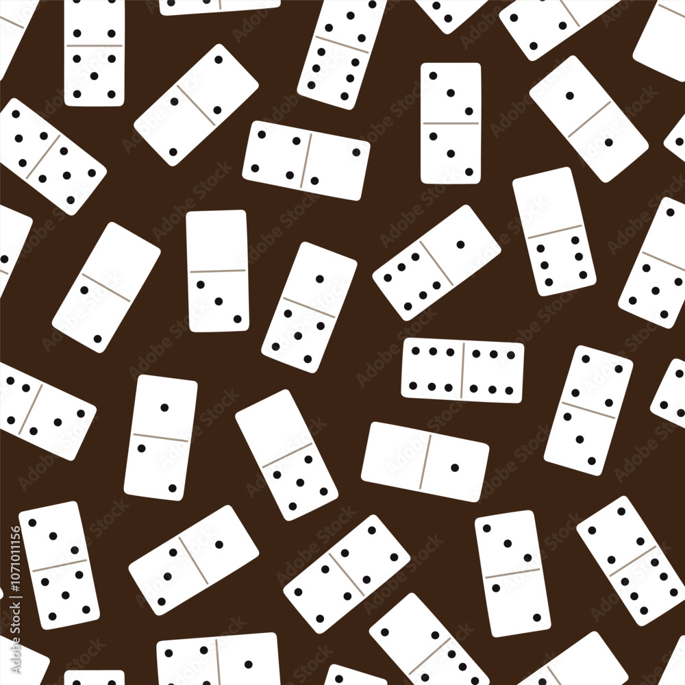 Scattered domino tile pattern. White domino pieces on a dark brown background. Scattered domino tile pattern. White domino pieces on a dark brown background.