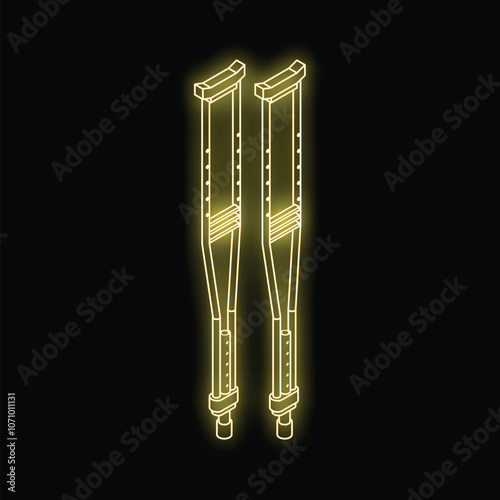 Pair of yellow neon crutches glowing on black background