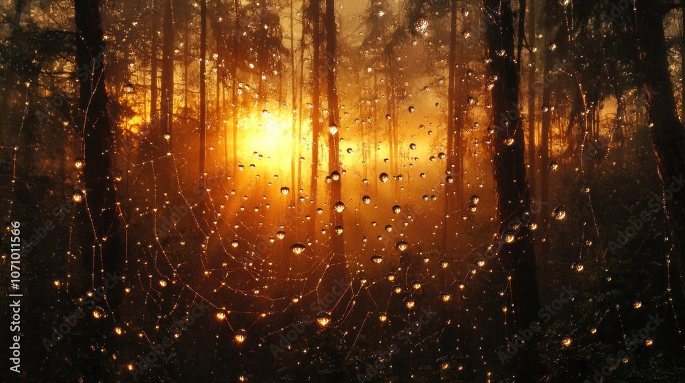 Golden Forest Sunset Through Dew-Covered Web Golden Forest Sunset Through Dew-Covered Web