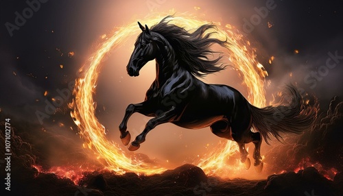 New Year 2026 greeting card. Year of a fire horse.  Black horse jumping out of fire on dark background. Postcard template. Creative concept for social media. Chinese asian horoscope.