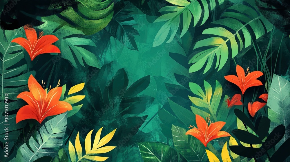 Fototapeta premium Lush tropical jungle with vibrant red flowers and green foliage perfect for travel agency advertising