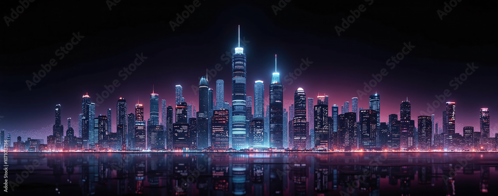 Futuristic panoramic city skyline at night with neon lights and skyscrapers under a dark sky Futuristic panoramic city skyline at night with neon lights and skyscrapers under a dark sky