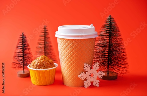 Carrot muffins with cup of tea or coffee for Christmas holidays photo