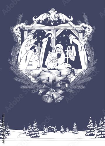 Scene of the Nativity of Christ in decorative frame and spruce branch wreath with bells and winter forest landscape. Vintage engraving stylized drawing in 
blue and white colors. Vector illustration