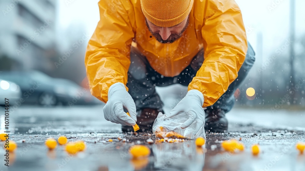A forensic investigator crouching at a crime scene, carefully placing a small item into an evidence bag A forensic investigator crouching at a crime scene, carefully placing a small item into an evidence bag