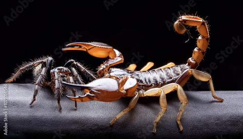Scorpion attacking spider with black background