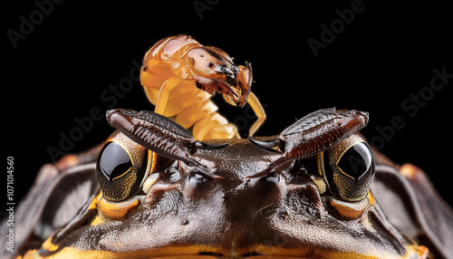 Scorpion attacking frog with black background