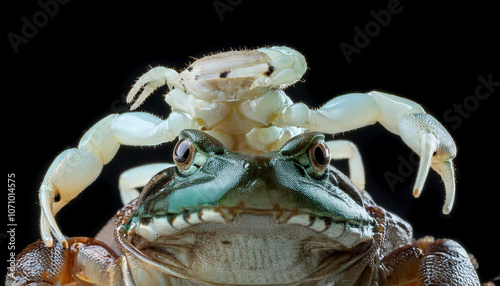 Scorpion attacking frog with black background