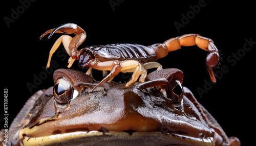 Scorpion over  a frog head with black background photo