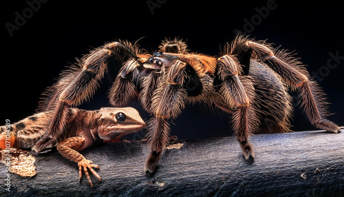 tarantula spider attacking a lizard with black background in macro