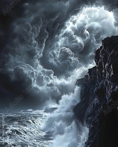 A dramatic seascape featuring dark, swirling storm clouds above crashing waves against rugged cliffs, creating a moody and turbulent atmosphere. photo