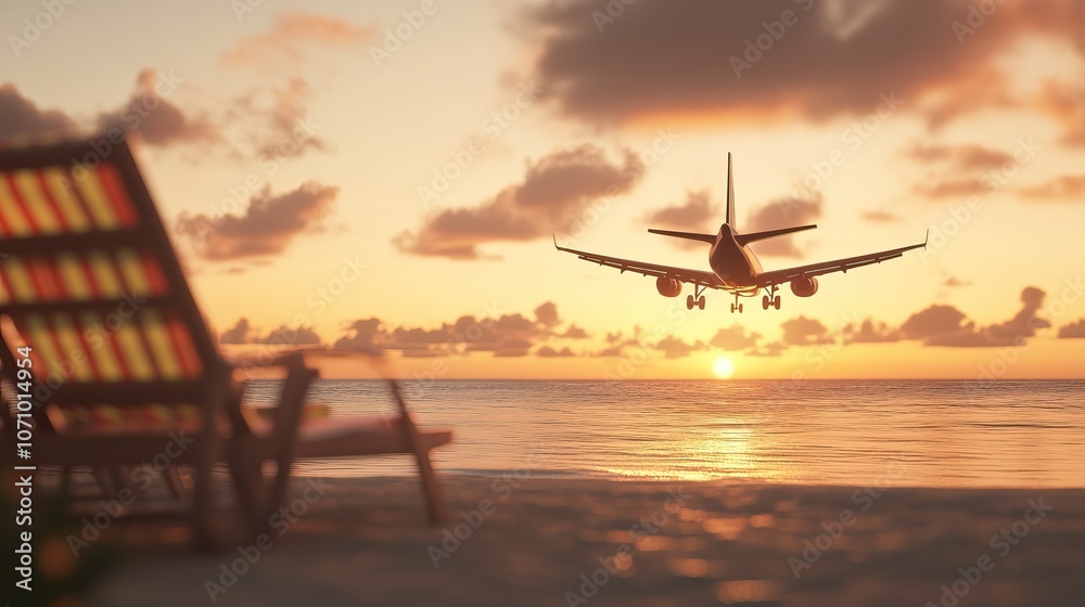 Airplane landing over ocean at sunset with beach chairs in foreground for travel agency advertising concept Airplane landing over ocean at sunset with beach chairs in foreground for travel agency advertising concept