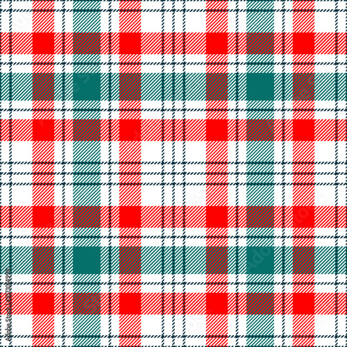 Plaid seamless pattern. Check green red color. Repeating tartan checks design. Repeated scottish flannel. Madras fabric prints. Geometric wool lattice. Repeat ekose weave plaids. Vector illustration
