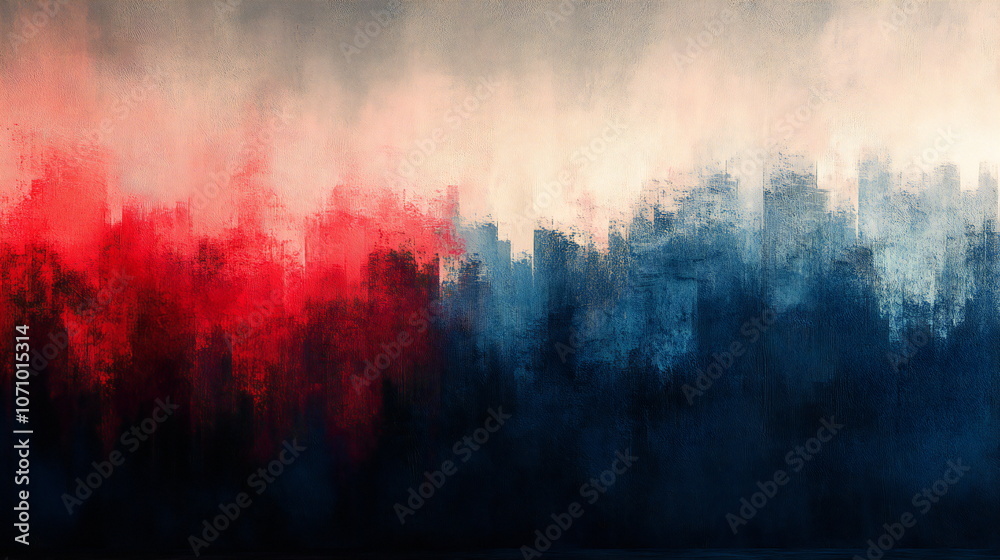 An abstract painting depicting a city skyline with red and blue hues. The brushstrokes are thick and textured, creating a sense of depth and movement. An abstract painting depicting a city skyline with red and blue hues. The brushstrokes are thick and textured, creating a sense of depth and movement.