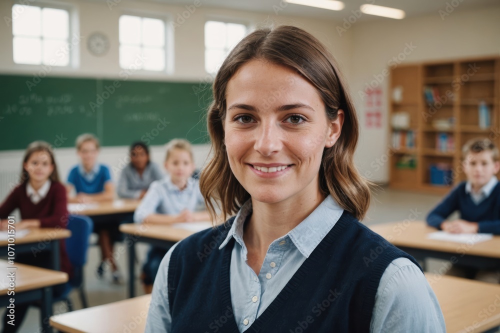 Close portrait of a smiling young Austrian female elegant primary school teacher standing and looking at the camera, indoors almost empty classroom blurred background Close portrait of a smiling young Austrian female elegant primary school teacher standing and looking at the camera, indoors almost empty classroom blurred background