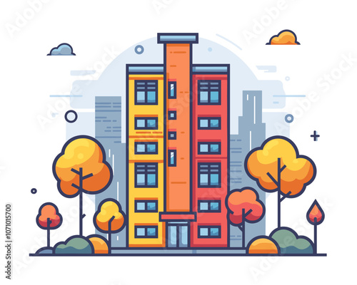 Tall building with a red and yellow facade sits in front of a park. The building is surrounded by trees, and the sky is cloudy. Concept of urban life and nature coexisting in harmony