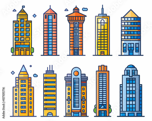 Set of ten buildings with different colors and shapes. The buildings are all tall and have many windows. The buildings are arranged in a row, with some buildings taller than others