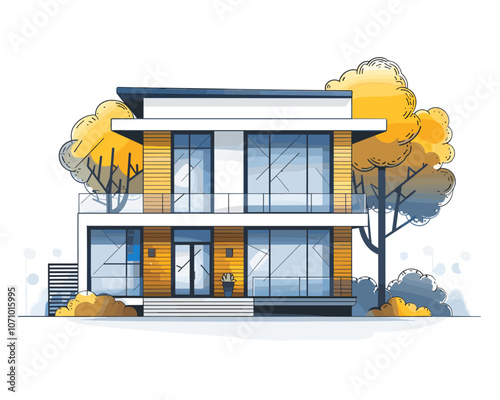 Large house with a tree in front of it. The house is white and brown. The tree is in front of the house and has yellow leaves