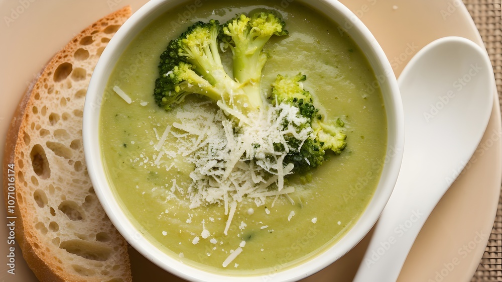 Broccoli soup with floating florets, grated cheese, crusty bread, and beige background