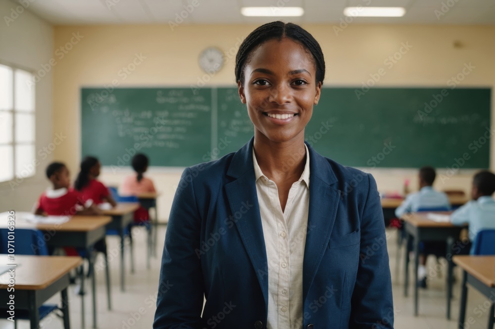 Close portrait of a smiling young Barbadian female elegant primary school teacher standing and looking at the camera, indoors almost empty classroom blurred background Close portrait of a smiling young Barbadian female elegant primary school teacher standing and looking at the camera, indoors almost empty classroom blurred background