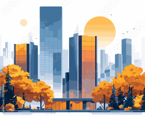 Cityscape with tall buildings and a large orange sun in the sky. The buildings are painted in shades of blue and orange, giving the scene a warm and inviting atmosphere